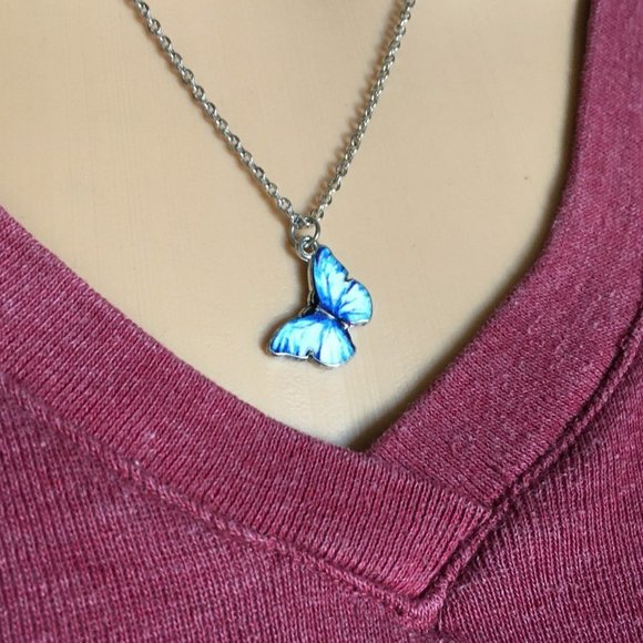 🦋 Blue Butterfly Charm Necklace Tibetan Silver Stainless Steel Chain 🦋 4for$20 - Picture 2 of 4